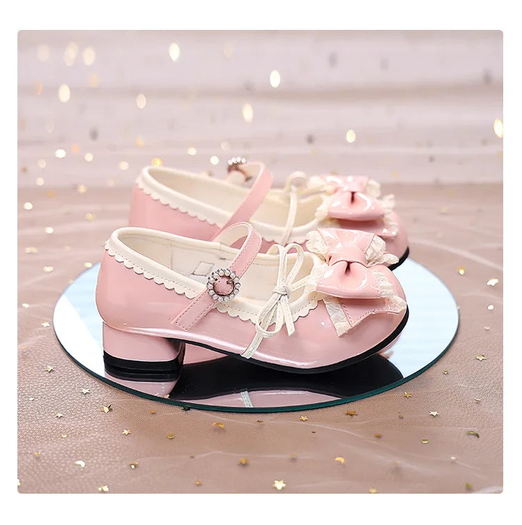 Girl Princess Shoes Spring 2026 New Bow French Heels Leather Shoe Sweet Lolita Party Dress Shoes Children's Mary Jane Size 26-36