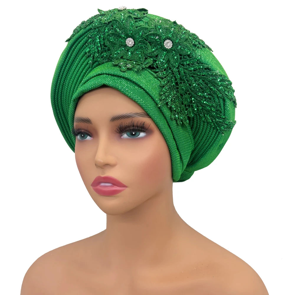 Elegant African Autogele Women's Turban Cap Nigeria Wedding Gele Ready to Wear Headtie with Embroidery Lace Party Headwear