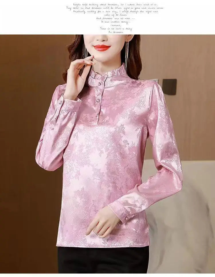 Premium Satin Blouse Women Spring Age-Reducing Print Loose Long Sleeve Top Fashion Elegant Collar Shirt