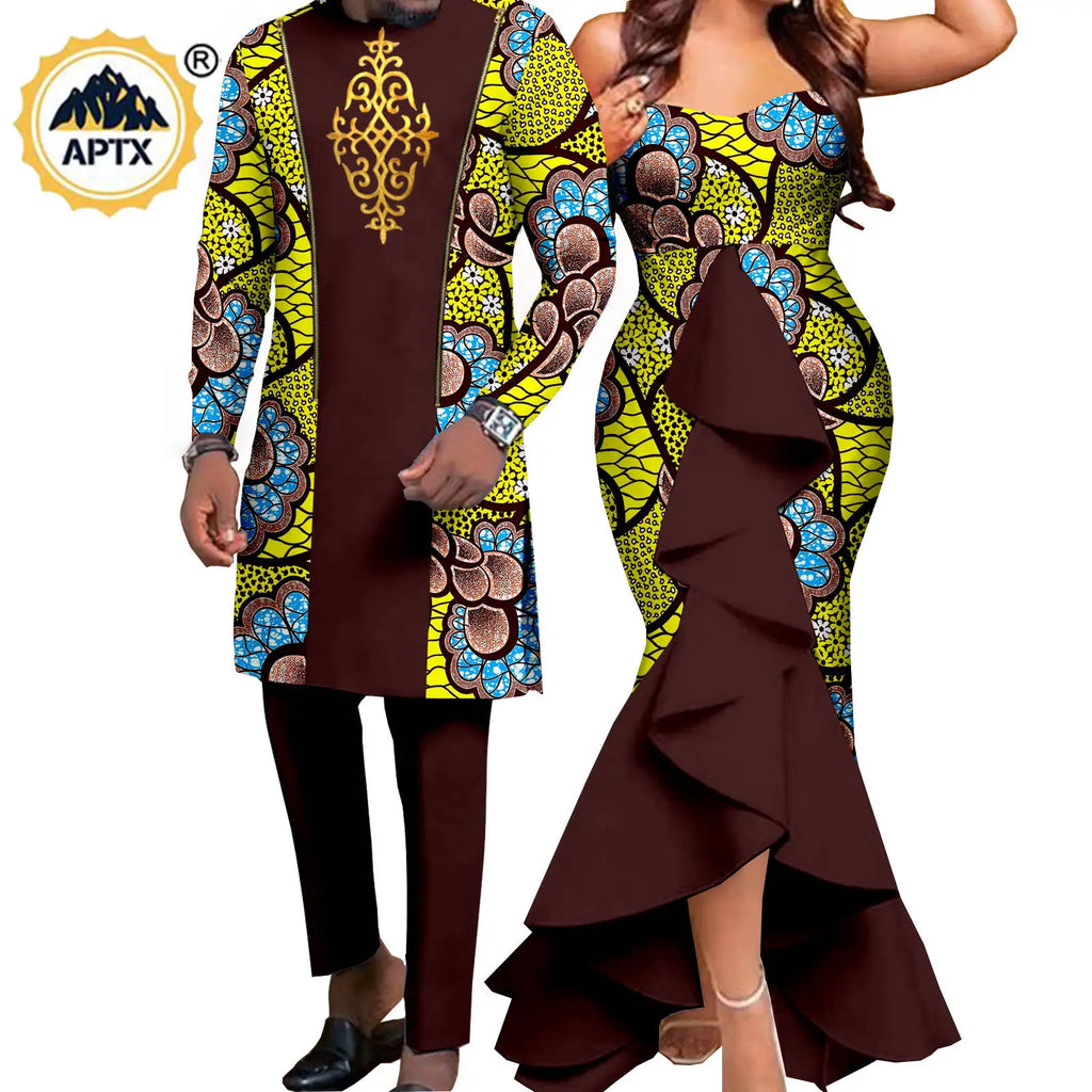 Dashiki African Women Mermaid Dresses Matching Men Outfits Pant Sets Bazin Riche African Couple Clothes for Wedding Y22C080