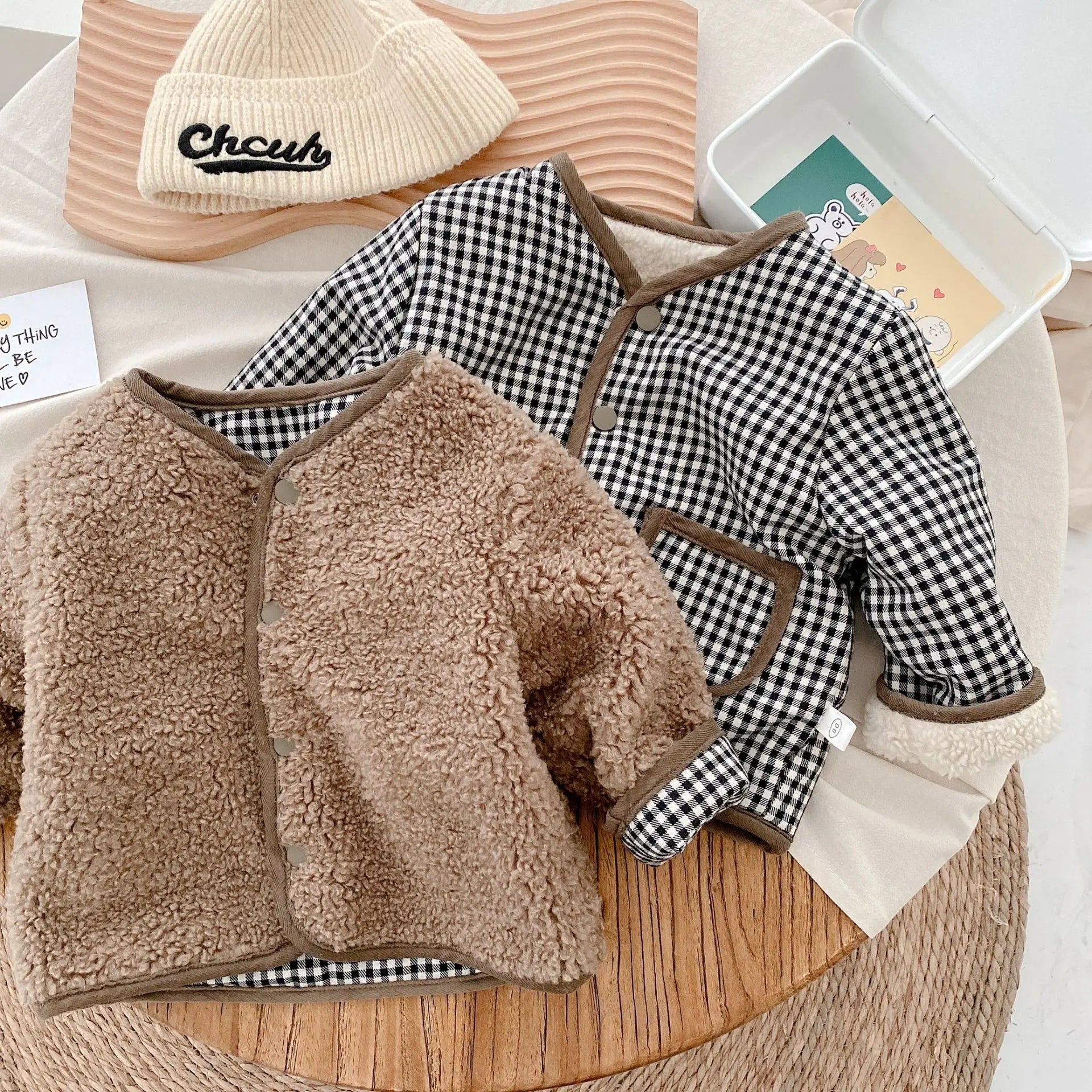 AYNIGIELL 2023 1-6 Years Old Autumn/Winter Children's Jacket Double-Sided Wear Plaid Plush Jacket Kids Jacket