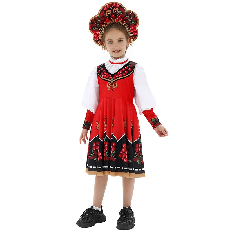 Russian Children Traditional Folk Dance Dress Girls Princess Clothing Tops dress Headwear Carnival Stage Performance Costume