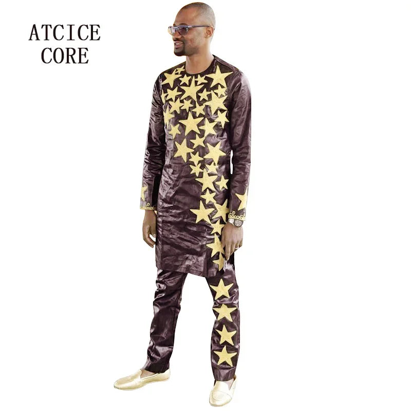 African Dresses For Men Bazin Riche Embroidery Design Dress Men Suit Top With Pants