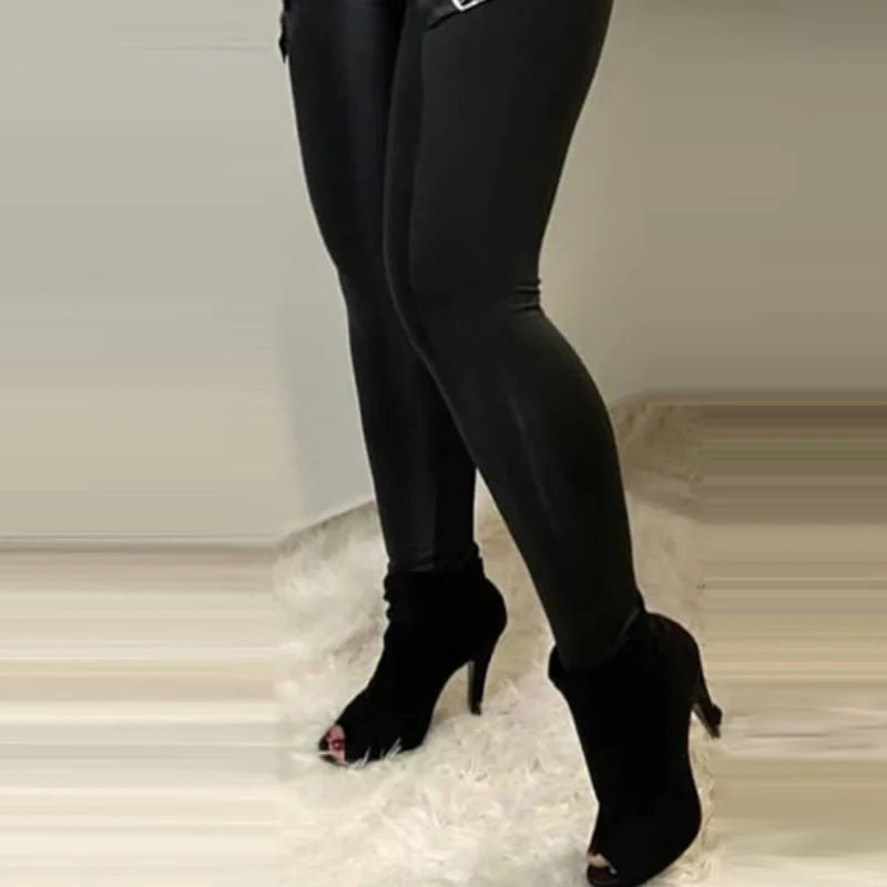 Ladies Black Leggings Trousers High-Waisted Casual Tight Pants Zipper Buckle Design Solid Color Female Cropped Trousers