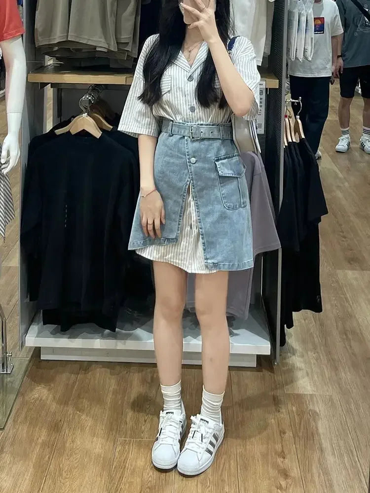 Short Sleeve Mature Skirt Women's Two Piece Set Slit Denim Y2k Clothes Formal Event New in The Same Stylish Full Female Outfits