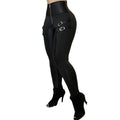 Ladies Black Leggings Trousers High-Waisted Casual Tight Pants Zipper Buckle Design Solid Color Female Cropped Trousers