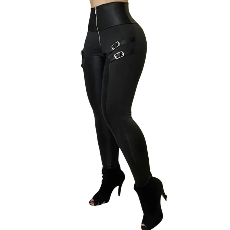 Ladies Black Leggings Trousers High-Waisted Casual Tight Pants Zipper Buckle Design Solid Color Female Cropped Trousers