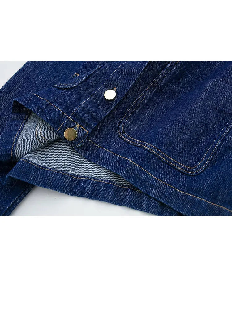 HH 2024 Spring Women 2 Piece Denim Trousers Suits Solid O Neck Coat Top + Pockets Elegant Female Straight Wide Leg Long Pant
