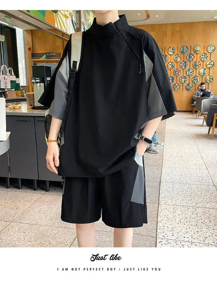【T-Shirt + 5-Point Shorts】Men's T-Shirt Set Summer Fashion Nylon Blend Diagonal Neck Streetwear Sports Leisure Two-Piece Suit