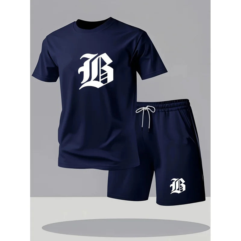 Men'S Casual Black T T-Shirt And Shorts Set，With A Bold“B”Printing - Machine Washable，Summer Streetwear