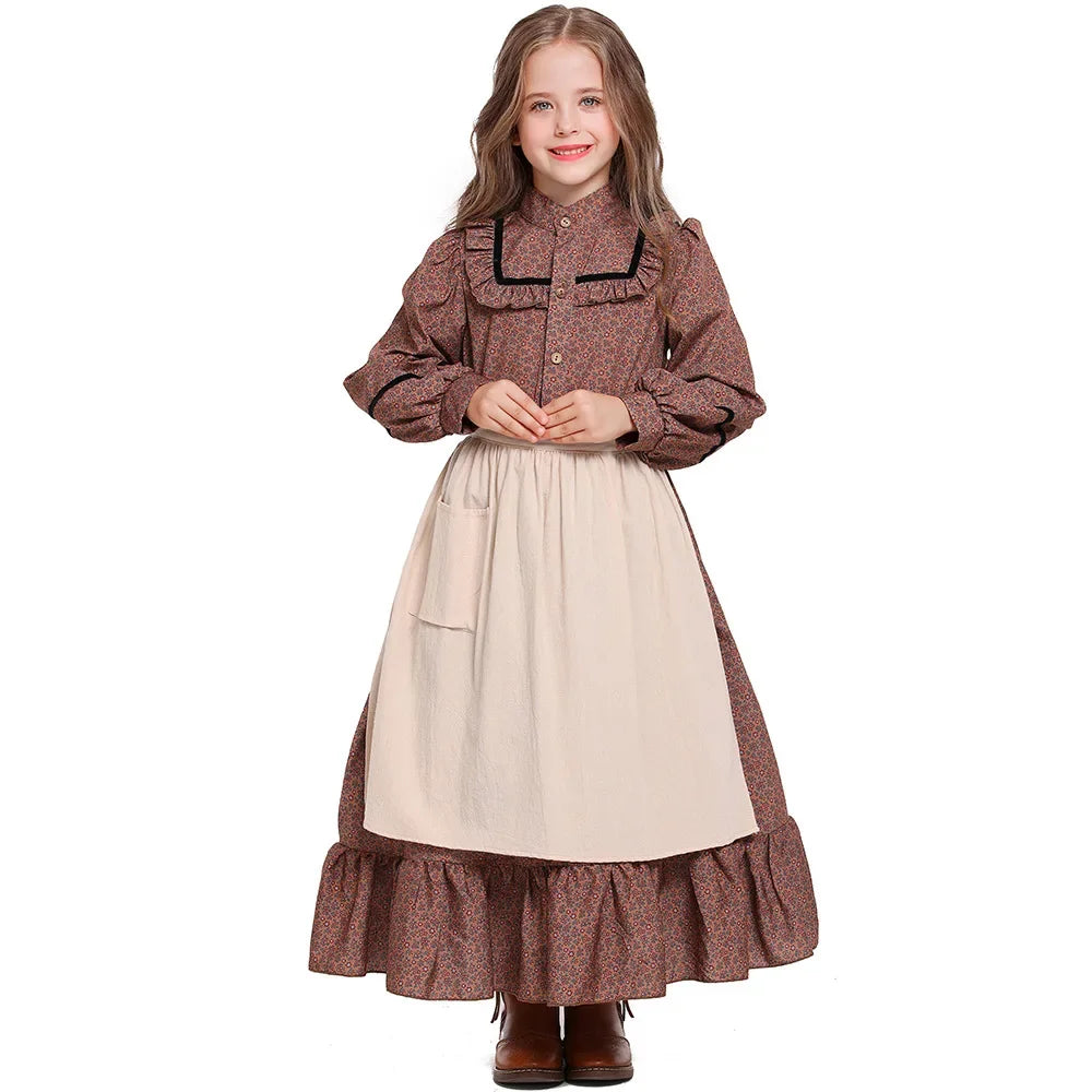 Historical American Colonial Costume Tween Teens Brown Floral Victorian Medieval Dress