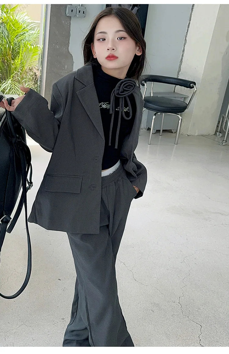 8 10 12 14 teenage Girl suit set Blazer+Wide leg pants 2pcs junior kid clothes suits children clothing girls outfit sets Costume