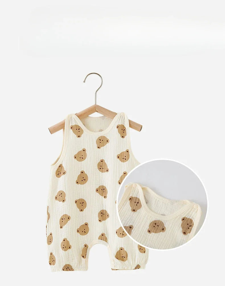 Summer Baby Girls Romper Cartoon Bear Newborn Jumpsuits Infant Sleeveless Muslin Clothing for Boys Printed Outfits