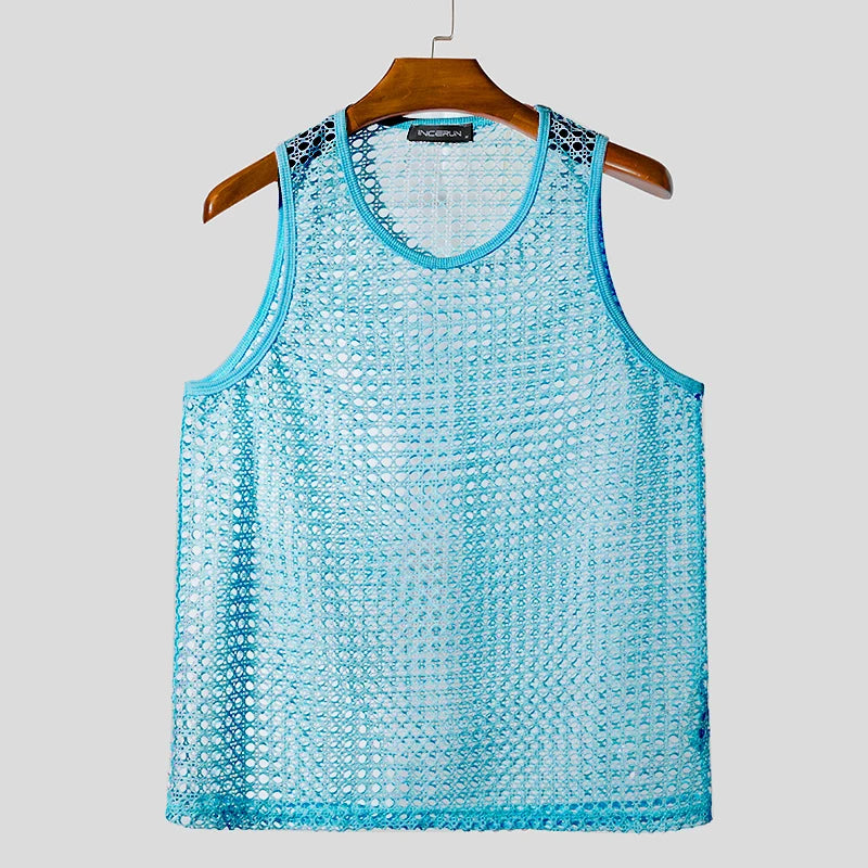 Summer Men Tank Tops Mesh Transparent O-neck Sleeveless Male Vests Sexy Vacation INCERUN 2025 Streetwear Fashion Men Clothing