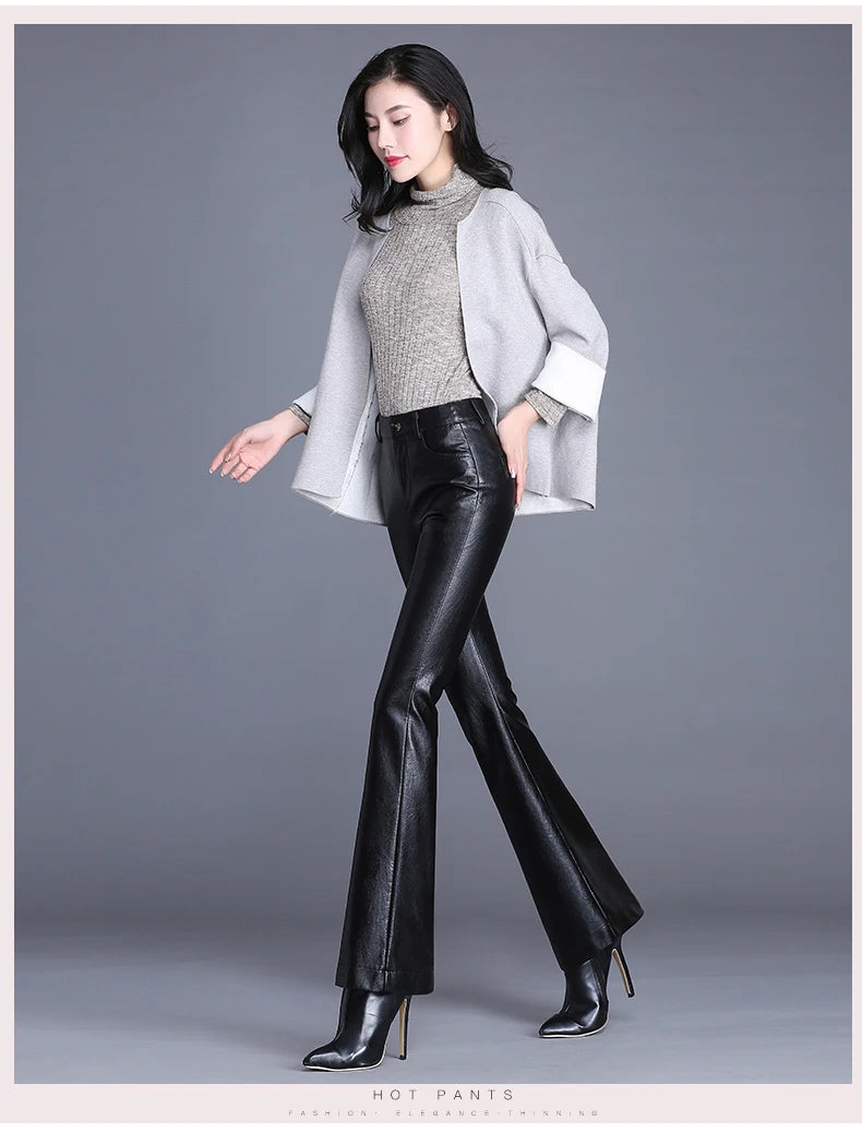 Women PU Leather Flared Trousers Female Autumn Winter Leather Pants High Waist Slim Streetwear Trousers Motorcycle Leather Pants