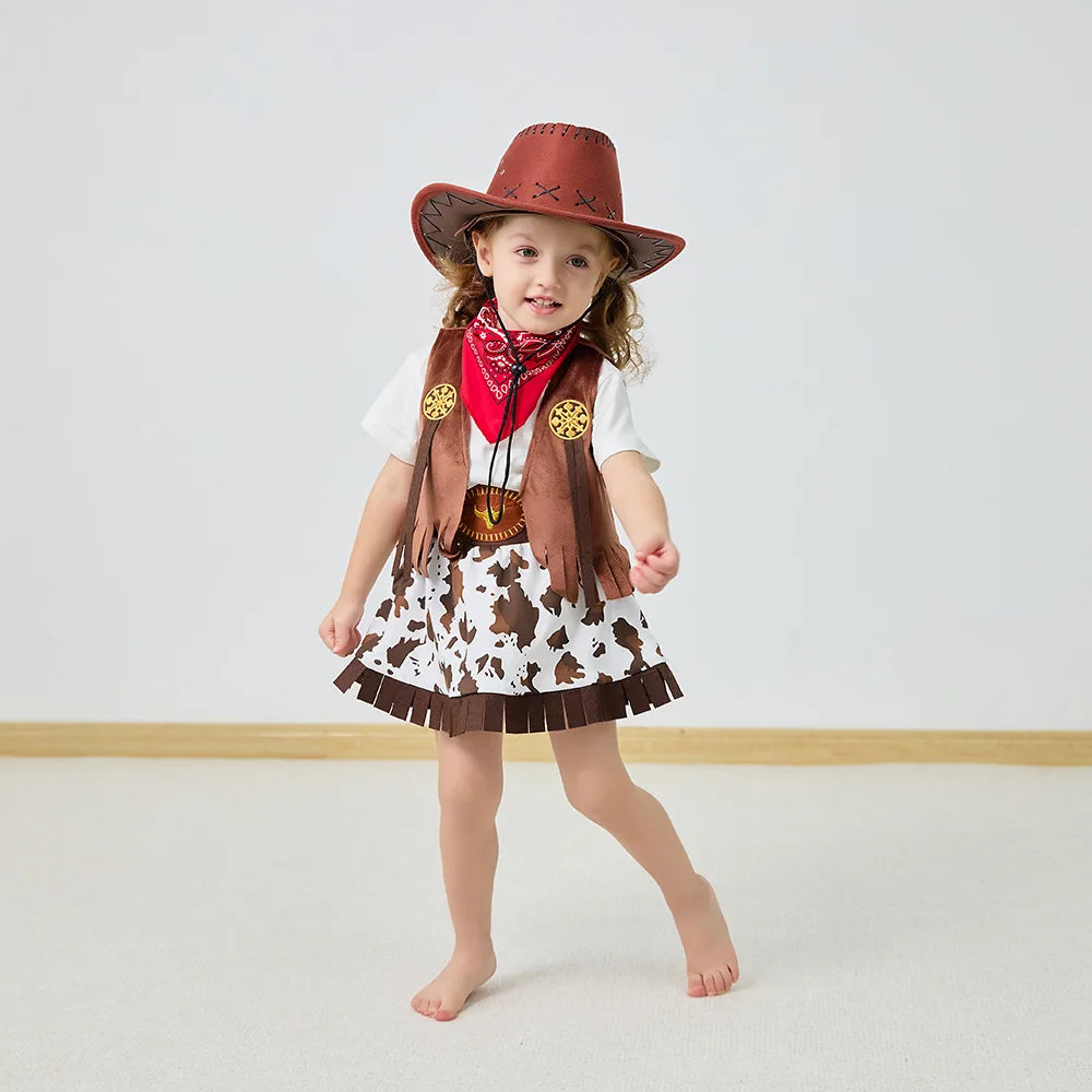 2025 Kids Toddlers costume cowgirls Cosplay 3pc suit purim event Holiday BIRTHDAY outfits Hat Scarf Shirt waist coat Skirt