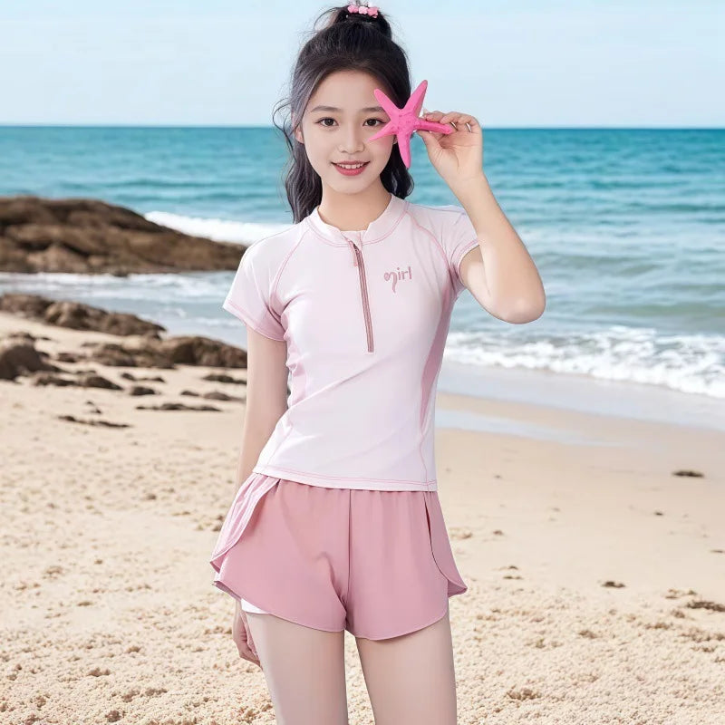 Summer New Girls Swimwear Teen Conservative Two Piece Sports Swimsuit for Developing Youth