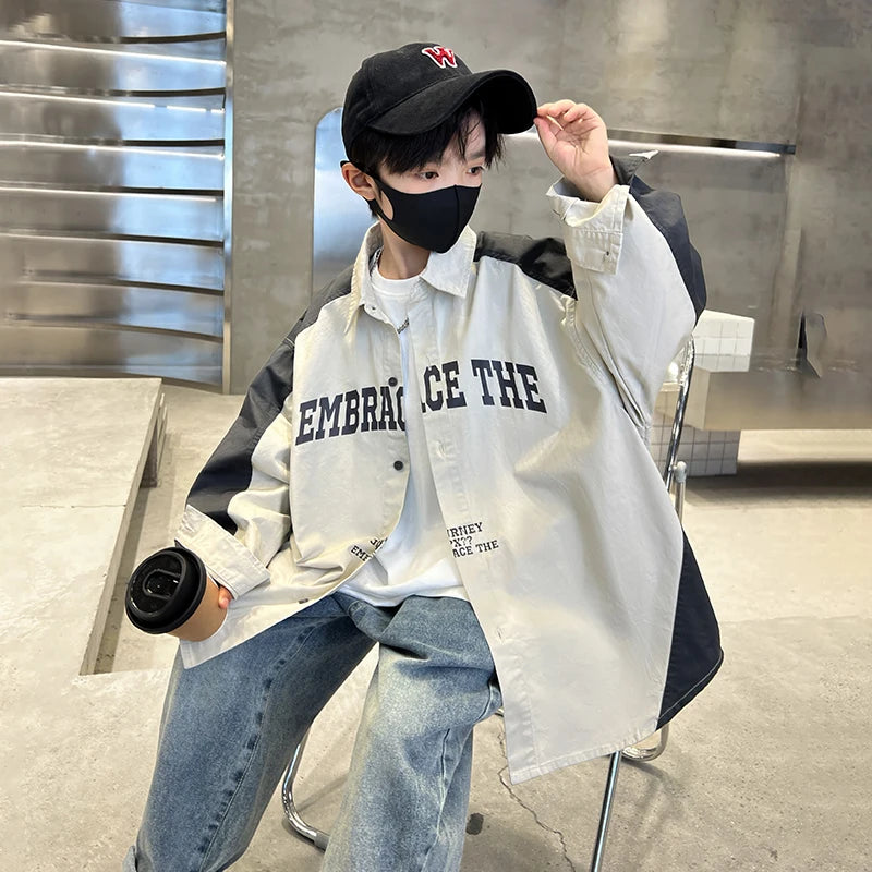 Korean Children Loose Style Long Sleeve Shirt for Teenage Boy Casual Spring Autumn Clothing School Kids Blouses Age 5 To 14 Y