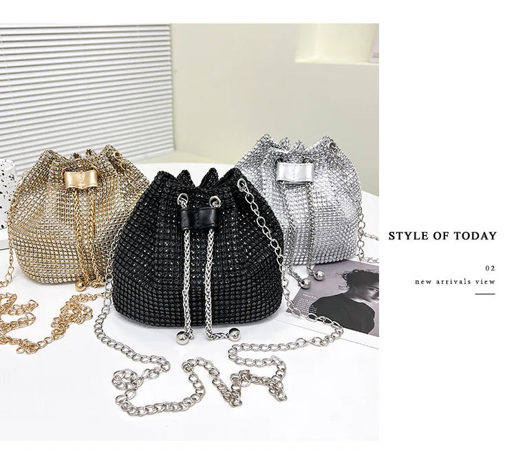Women Luxury Shoulder Bag Solid Color Rhinestone Glittering Satchel Bag Drawstring Shinny Sling Purse Dinner Party Bag
