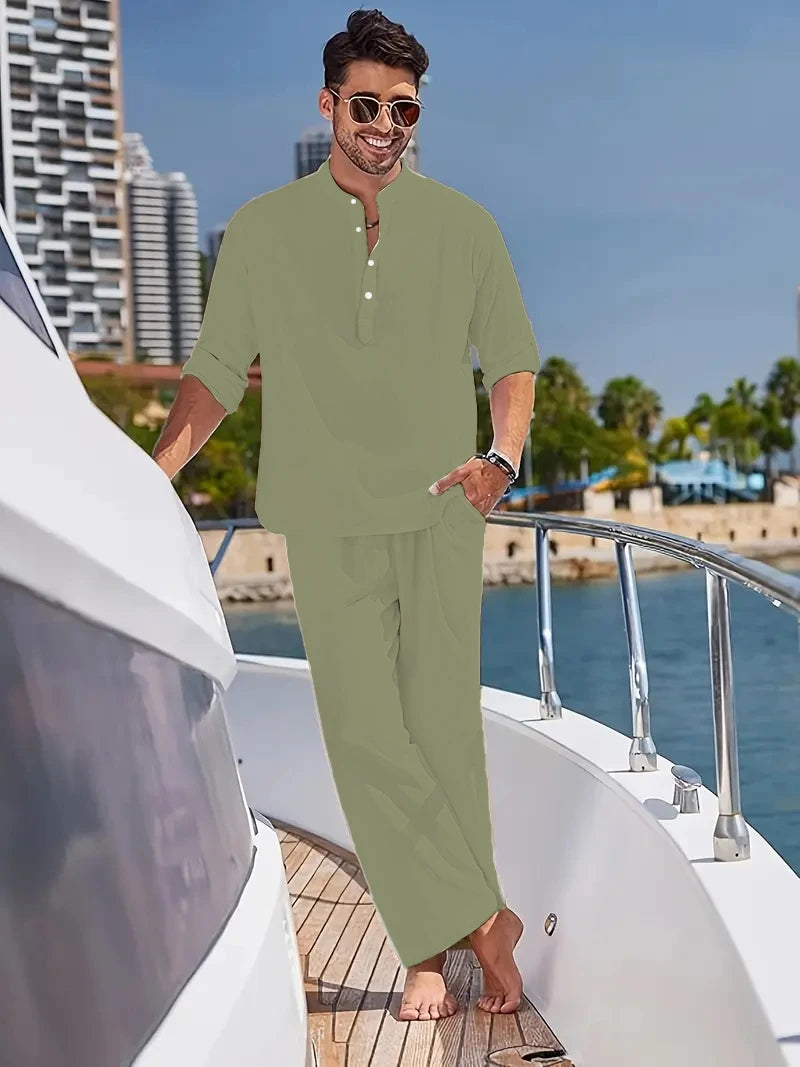 Men's White Linen Suit Set Long Sleeve Henley Shirt and Elastic Waist Pants Two Piece Outfit Summer Casual Comfortable