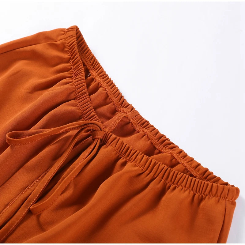 Shirt Trousers 2 Pieces Set For Women Solid Turn Down Collar Long Sleeves Single Breasted Top Lace Up Pants 2025 Ladies Outfits