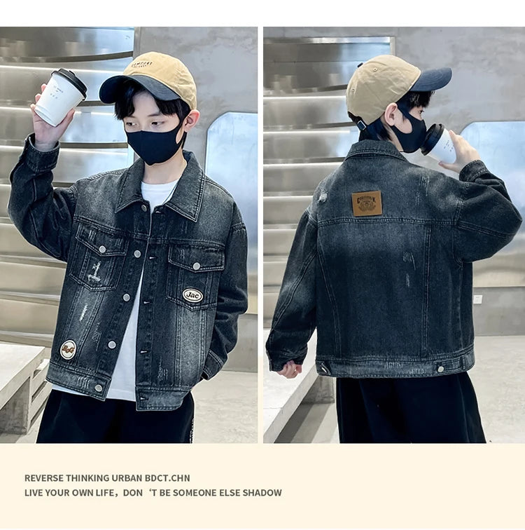 Kids Luxury Clothing Black Blue Denim Jacket for Teenage Boy Spring Autumn Ripped Denim Jacket Coat Child Casual Outfit Age 5-14