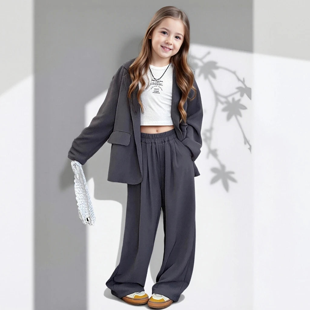 Girls Blazer Set Spring Autumn Fashion Loose Fit Jacket Trousers 2-Piece Kids Casual Outfit Trendy School Children Clothes Suit