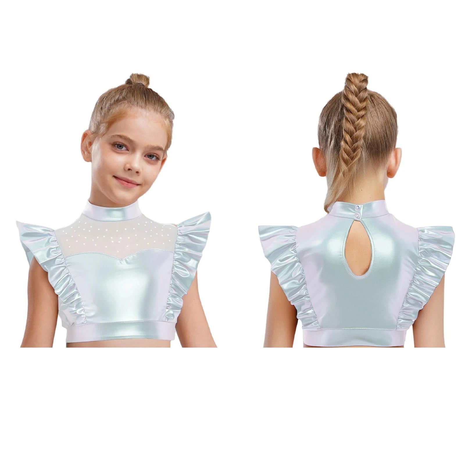 Kids Girls Metallic Shirts Party Disco Jazz Dance Tops Mock Neck Mesh Splice Shiny Rhinestone Sleeveless Ruffle Tank Crop Tops