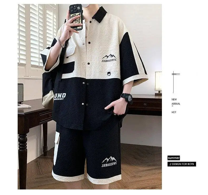 Men's 2 Piece Matching Set Short Sleeve Button Down Shirt + Cargo Shorts Textured Color Block Outfit Loose Fit Summer Lounge Set