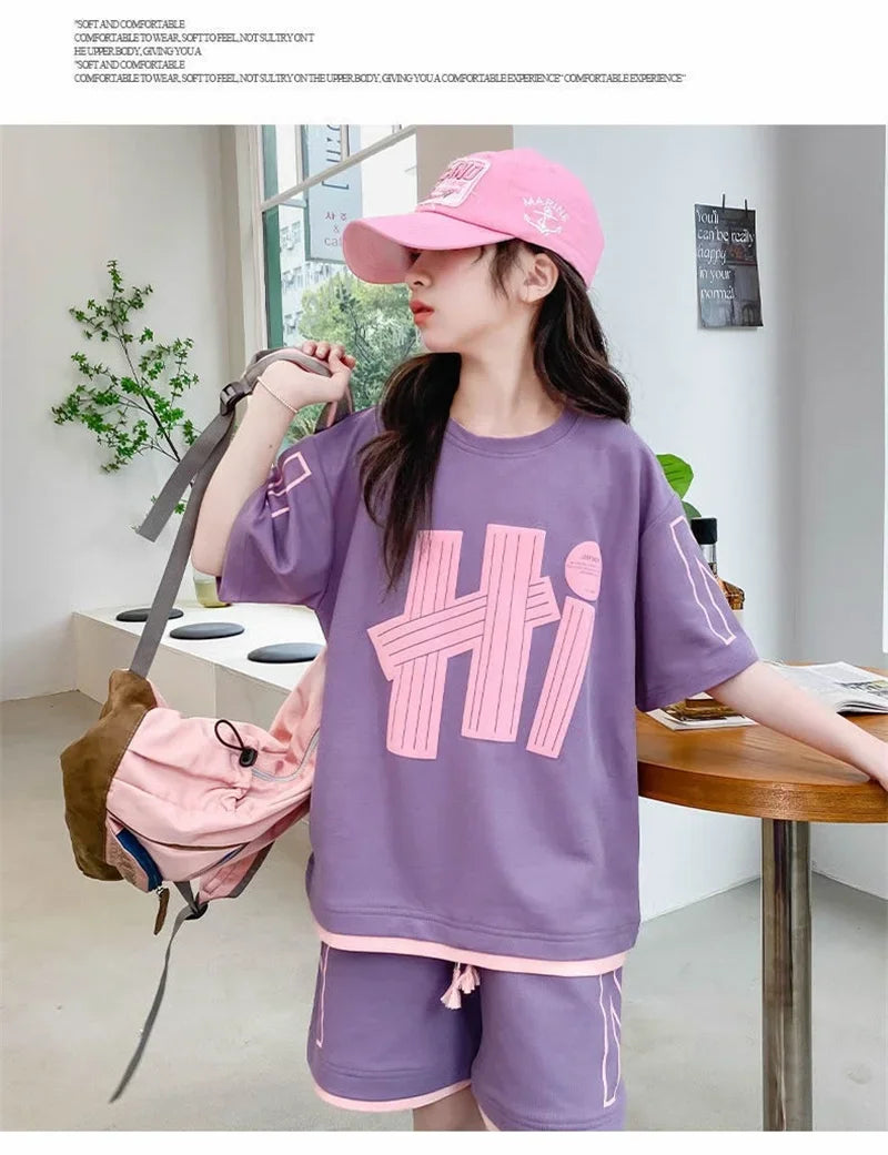 Girls T-Shirts Sets Clothes Kids Short Sleeve Tops+Shorts 2Pcs Children Clothes Suits Teen Loose Casual 2025 Outfits 5-14 Years