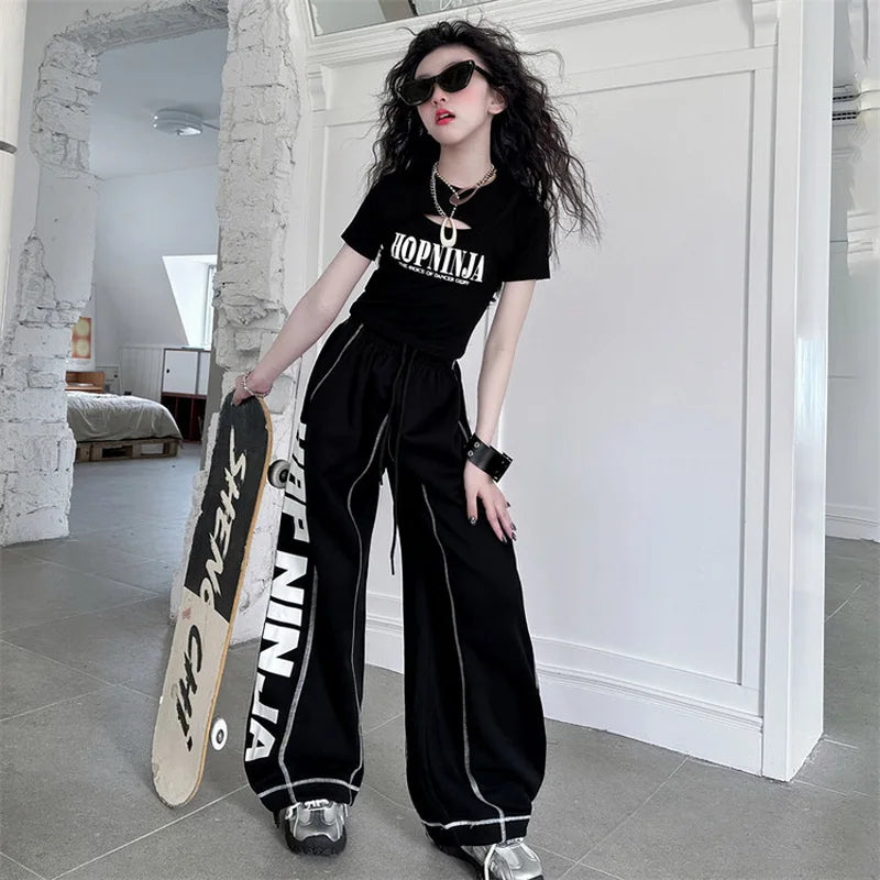 Summer teen girl Hip Hop Jazz Street Dance Costume Suit Cool Print Hollow Short T-shirt+Casual Sports Pants Set Child Outfits