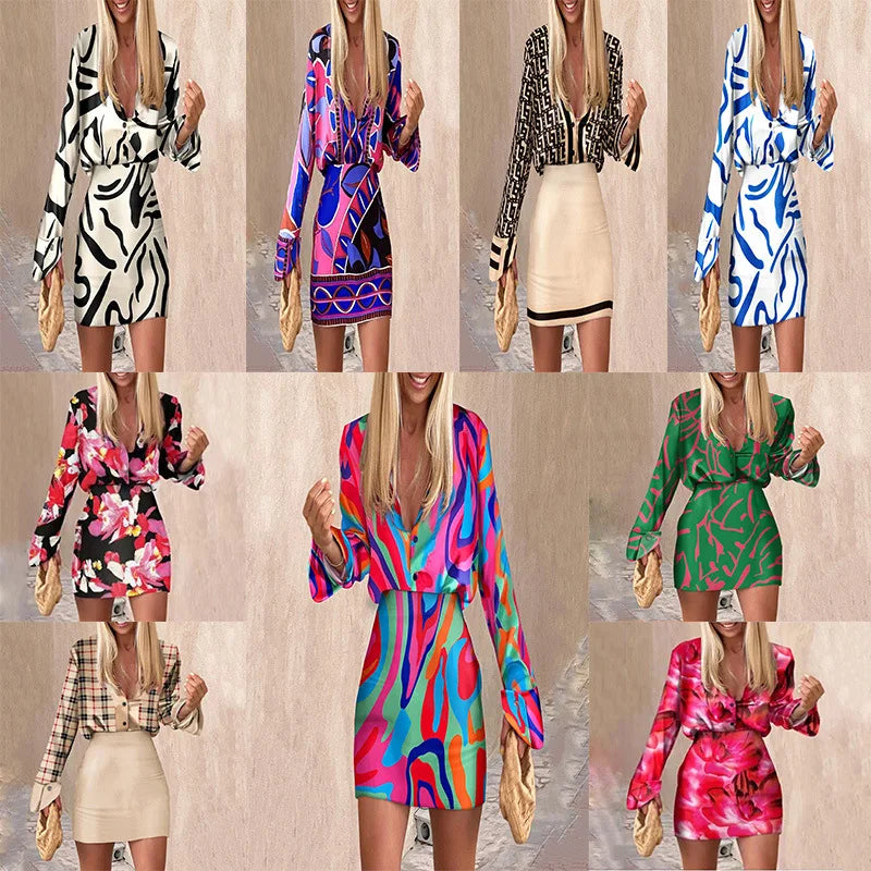 2023 New Printed Skirt Two-piece Skirt Sexy Women's Shirt suit Fashion Casual Suit Office Women's Formal Nightclub Party Dress