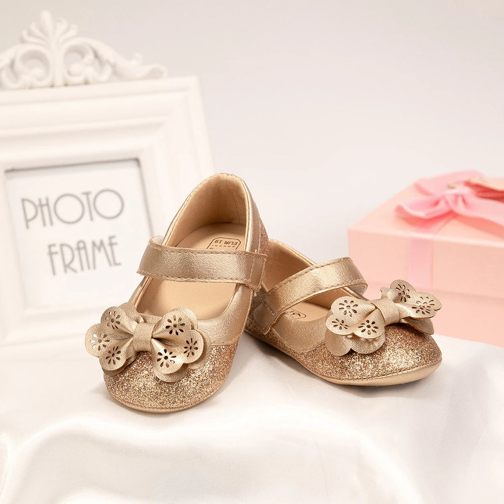 New Baby Girl Shoes Flower Gold Sparkling Bowknot Toddler Rubber Sole Anti-slip First Walkers Infant Newborn Baby Princess shoes