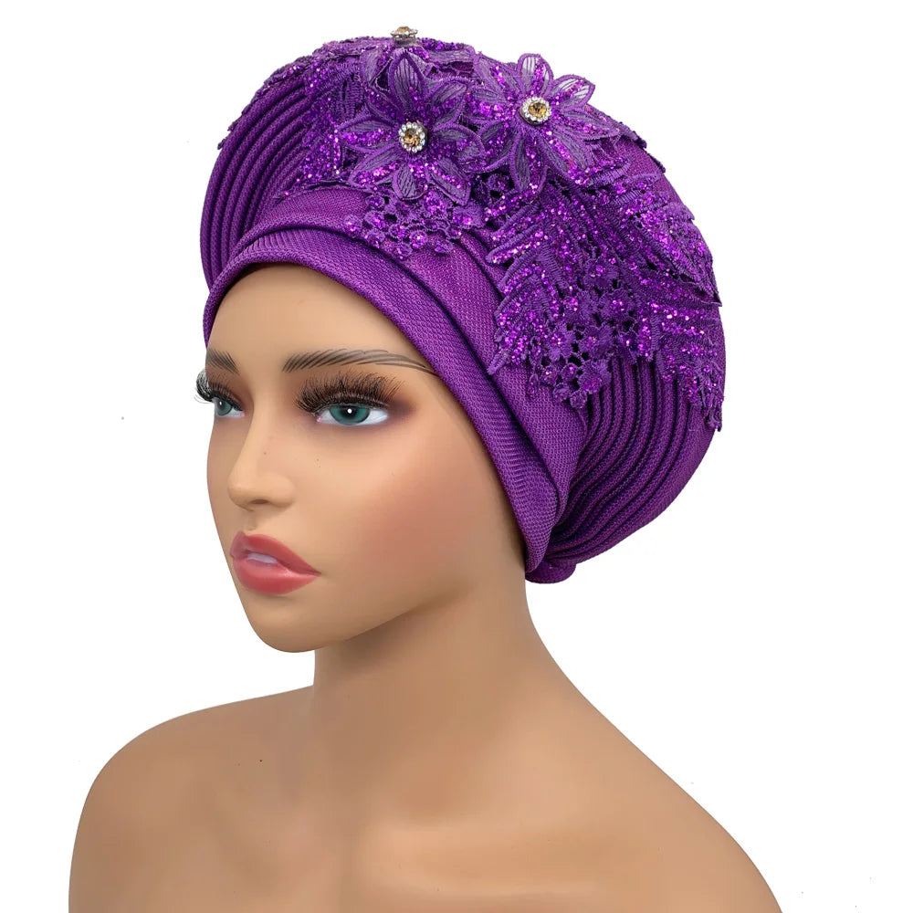 Elegant African Autogele Women's Turban Cap Nigeria Wedding Gele Ready to Wear Headtie with Embroidery Lace Party Headwear