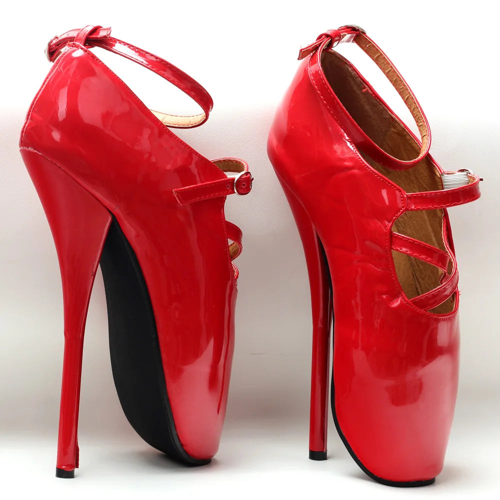 Brand New 7" High Heel Sexy Show Girl Ballet Pumps Spike Heels Stiletto Pointed Toe Strappy Ankle Strap Black Red Dancing Shoes