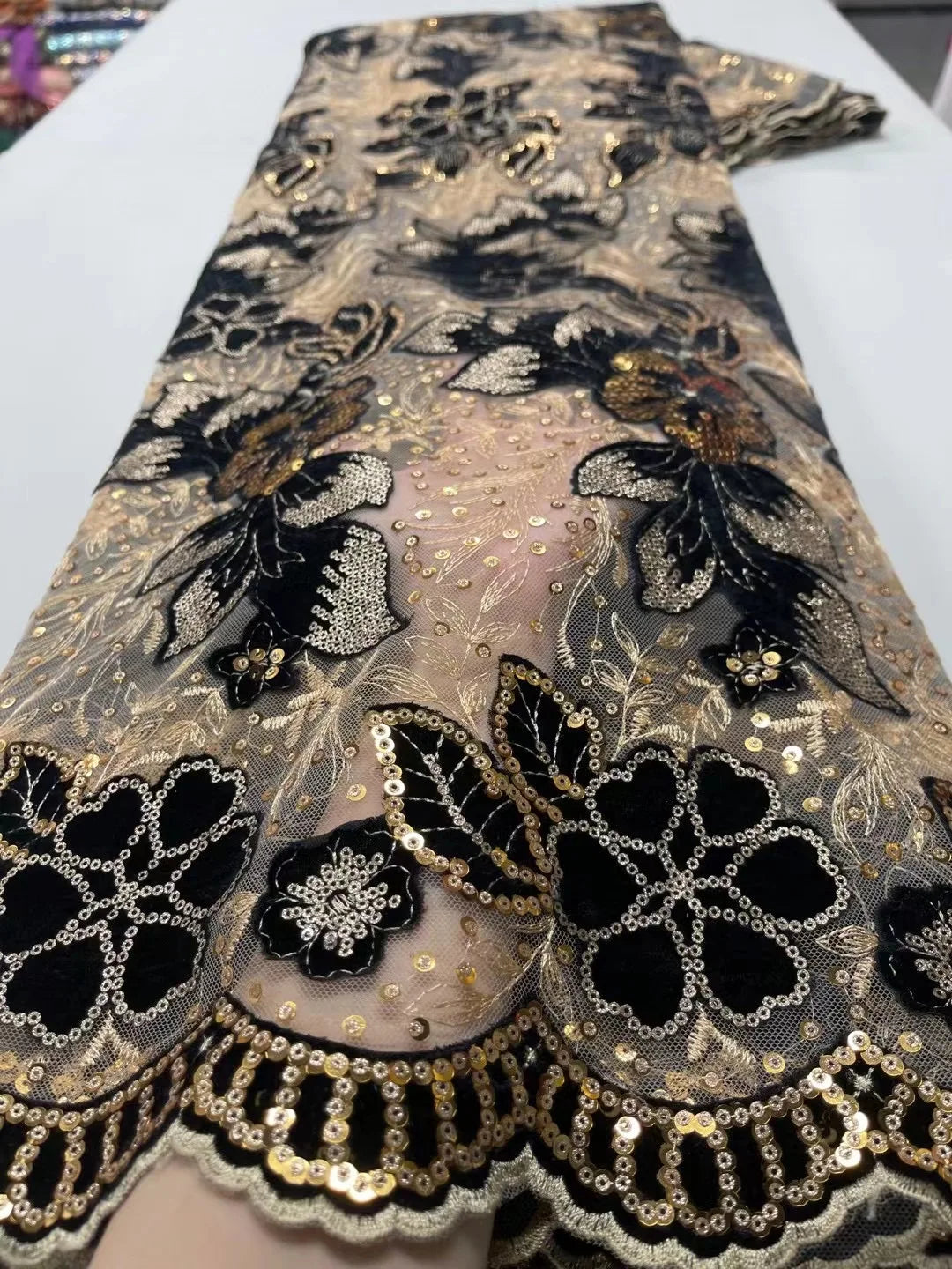 1 Yards African Velvet Tassel Lace Fabric with Intricate Embroidery Laser Cut Traditional Nigerian Attire Drapes Designs Sewing