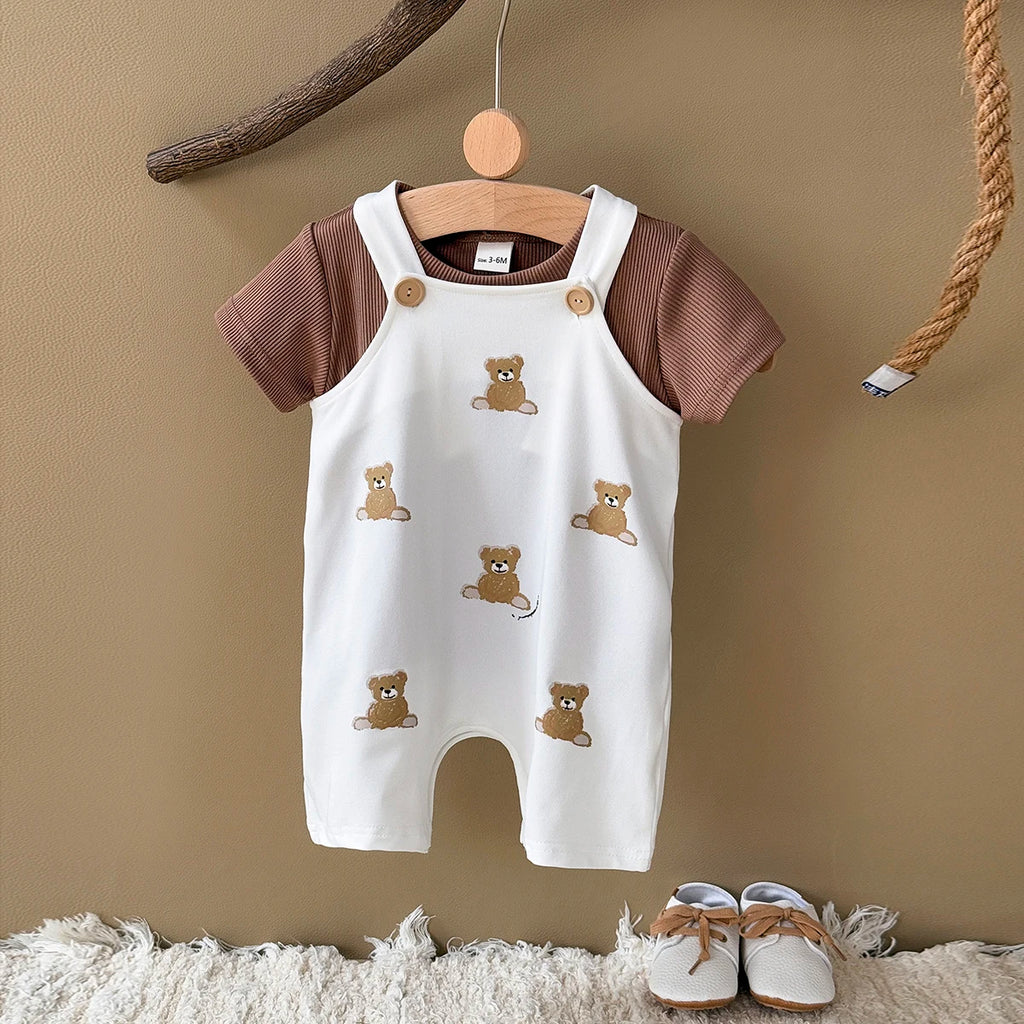 INS Summer Baby Girls Clothes Bear Patchwork Romper Baby Boys Bodysuit Clothes+White T-shirt Newborn 0 to 18 months 2Pcs/Set