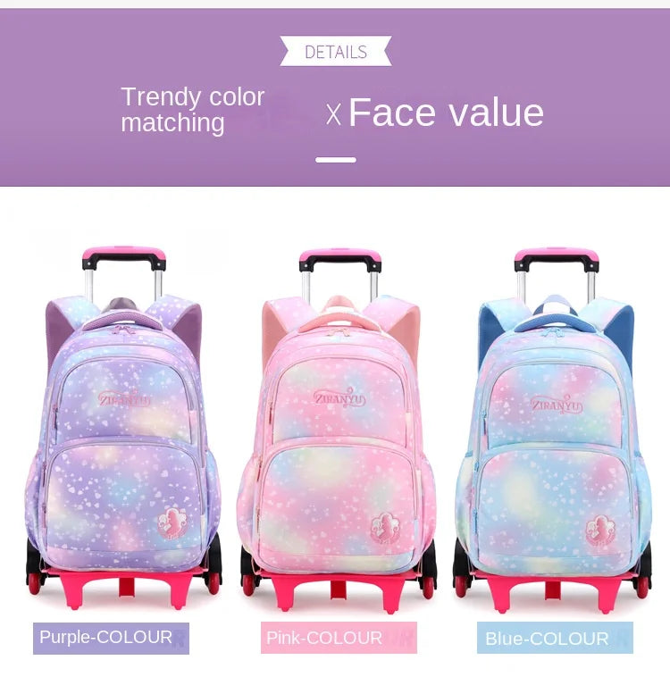 Children School Backpack Set with Wheels Students Bags for Girls Trolley Bag Cute Schoolbag Rolling Wheeled Backpack Child Girl