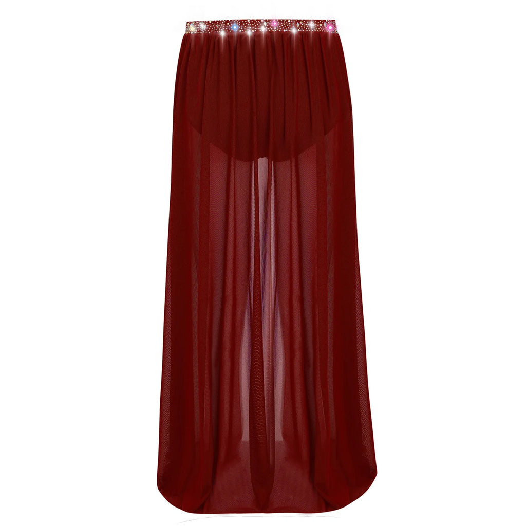 Kids Girls Lyrical Modern Dance Skirt Shiny Rhinestones Open Front Flowy Sheer Mesh Skirt with Built-in Briefs Ballet Dresses