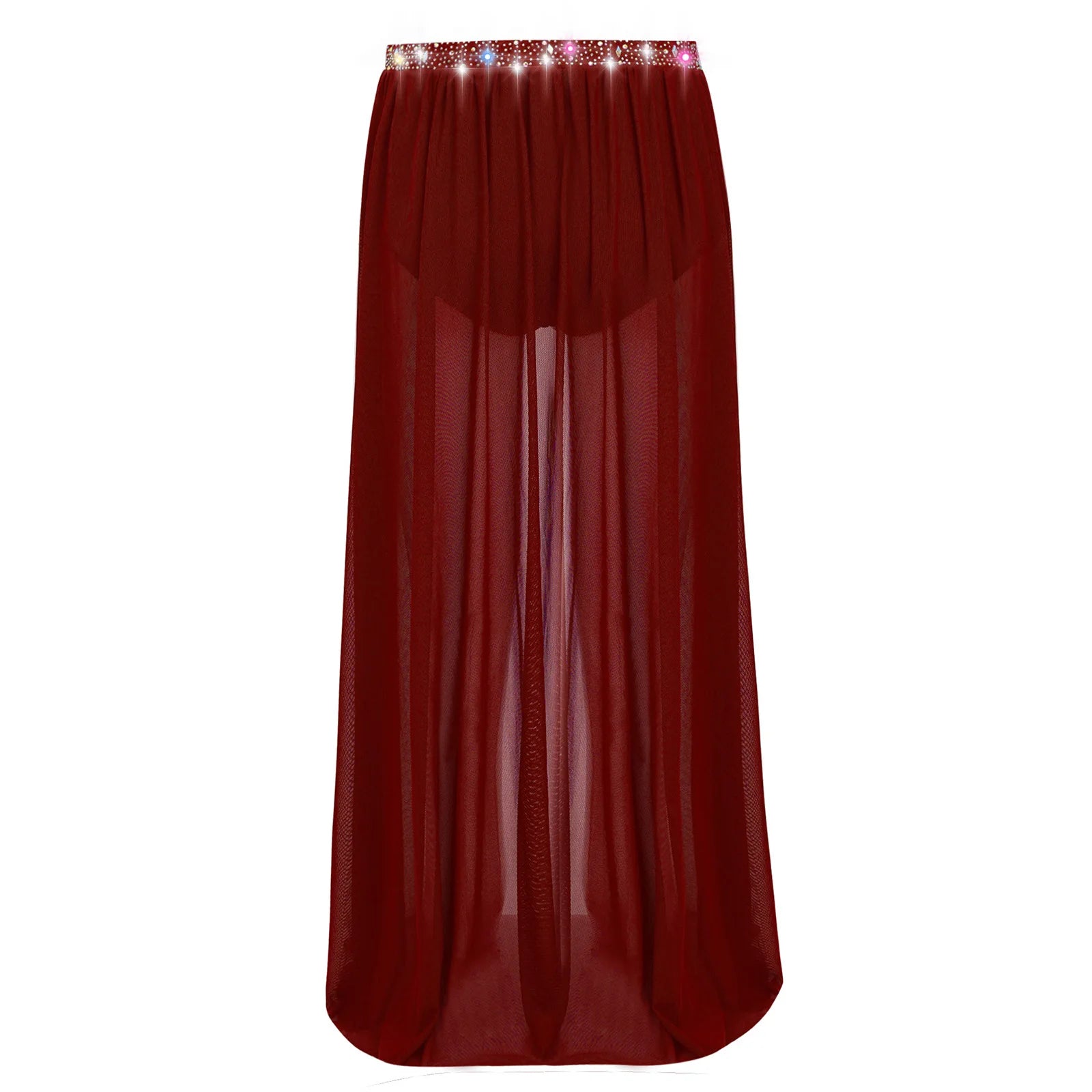 Kids Girls Lyrical Modern Dance Skirt Shiny Rhinestones Open Front Flowy Sheer Mesh Skirt with Built-in Briefs Ballet Dresses