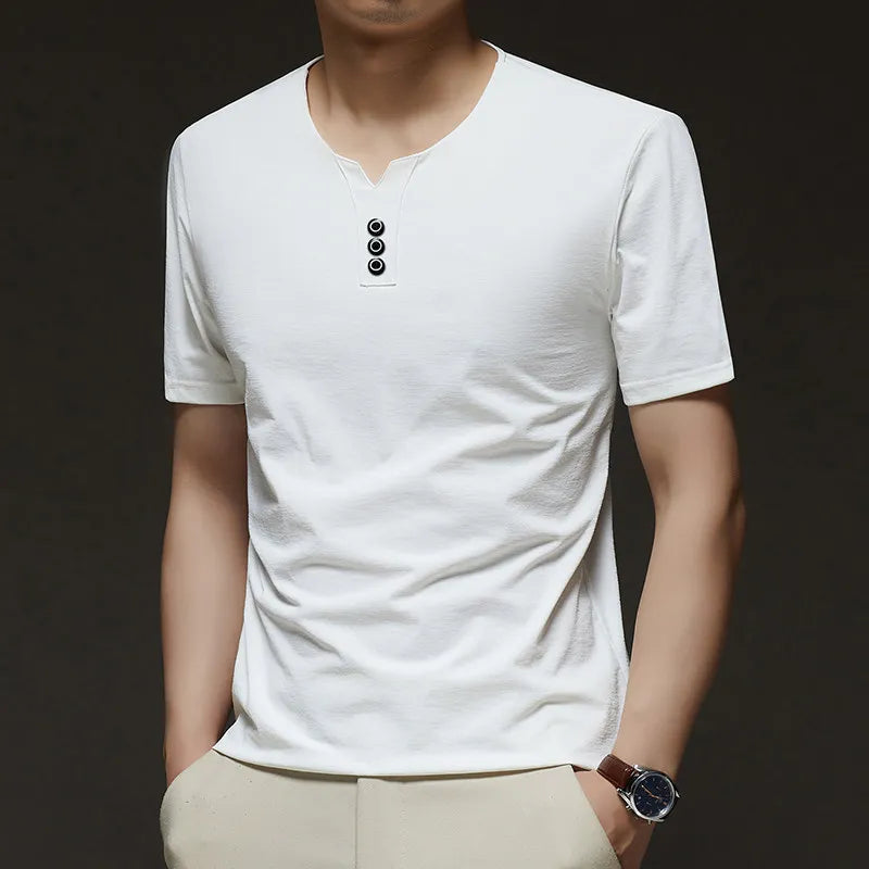 Three Button V-neck T-shirt Men 2026 New Men's Business Casual Short Sleeve Tshirt Korean Style Summer Comfortable Versatile Top