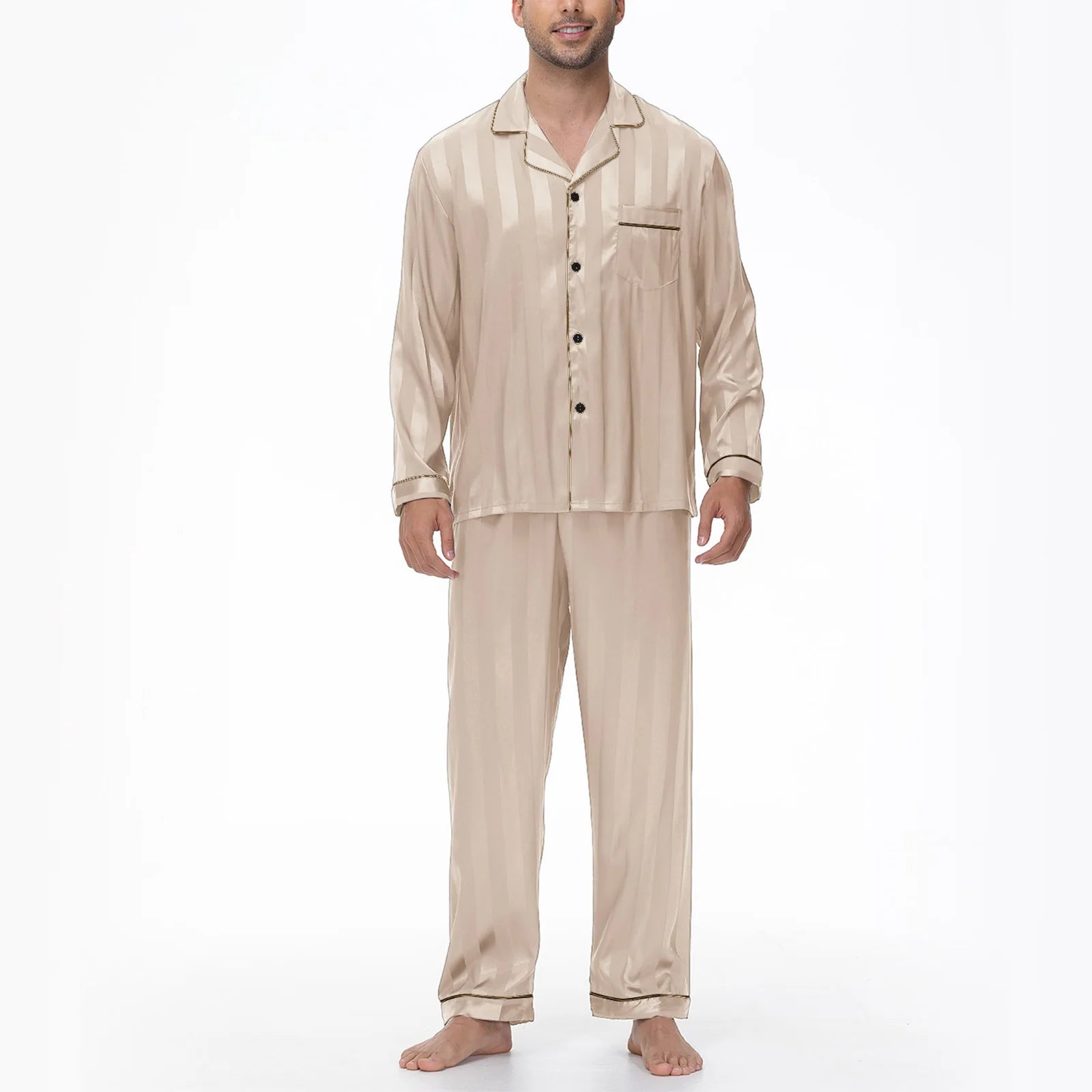 Men Pajamas Sleepwear 2PCS Set Navy Blue Stripes Long Sleeve Trouser Suits Home Clothes Male Loose Silk Satin Pijamas Loungewear