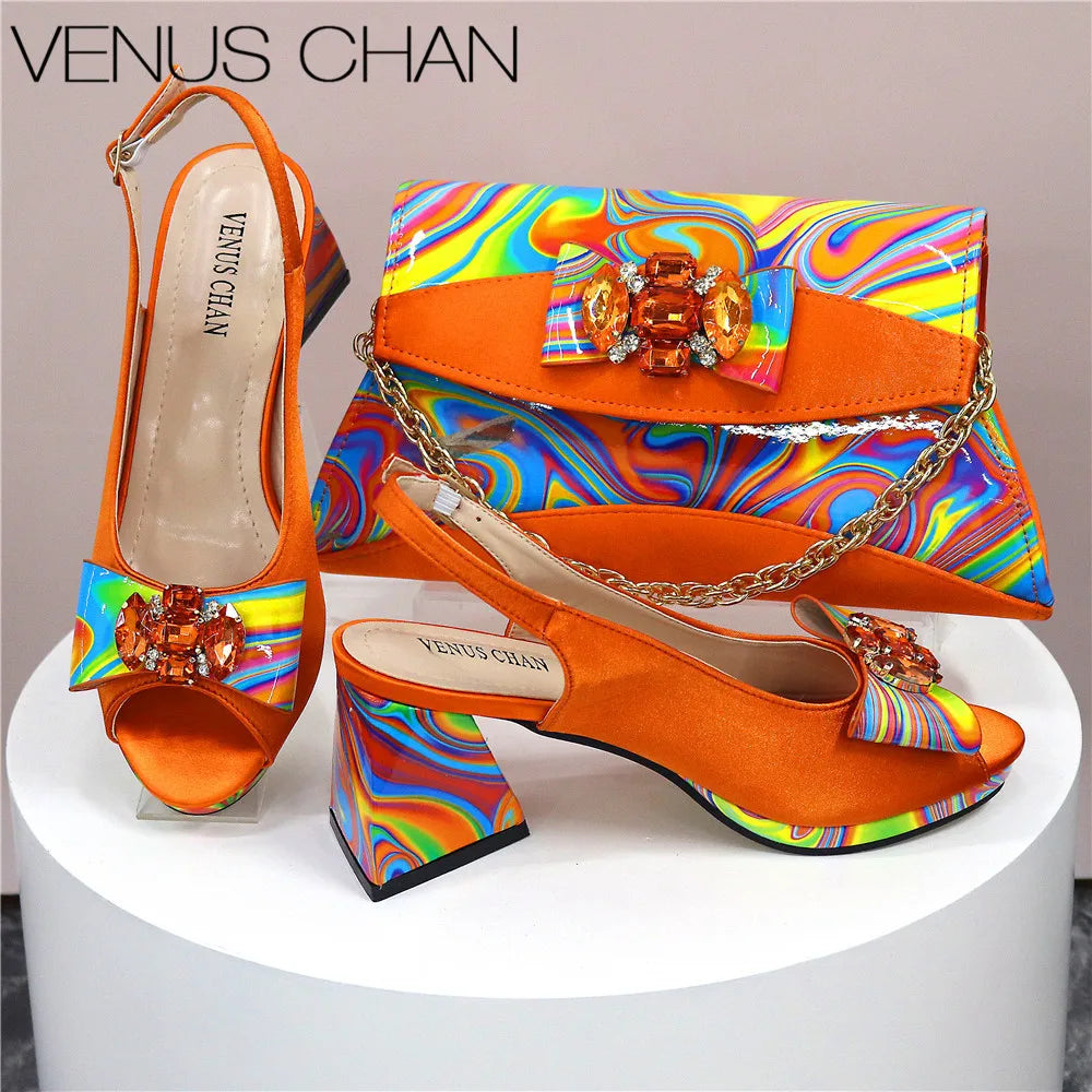 Sandals Woman Summer Ladies Shoes and Bag Decorated with Rhinestone Women Shoe and Bag Set for Party In Women Nigerian Shoe Bag