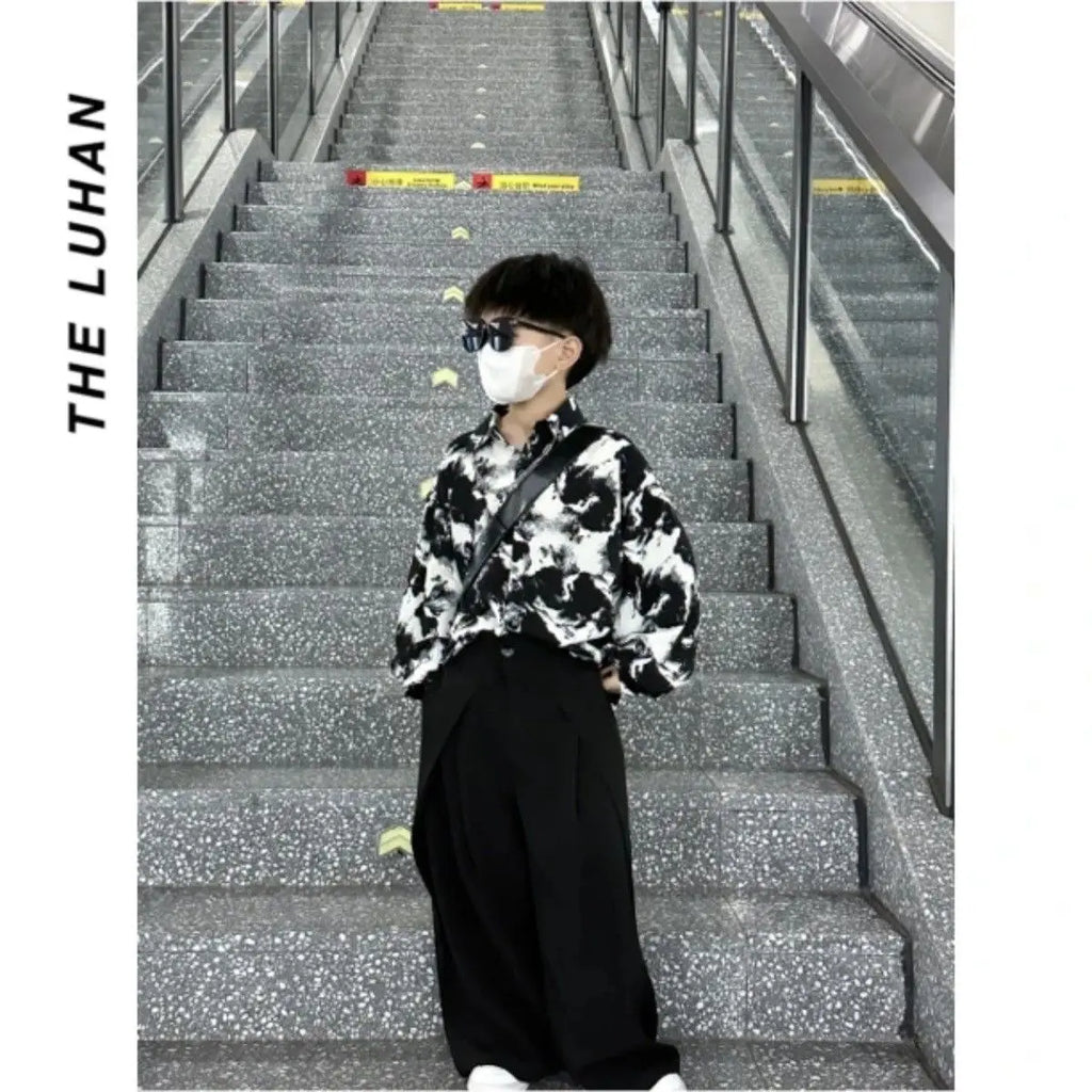 4-14Y Teenage Boy Shirt Outfit Fashion Kids Spring and Autumn Clothing New Korean Ink Painting Shirt and Wide-leg Suit Pants Set