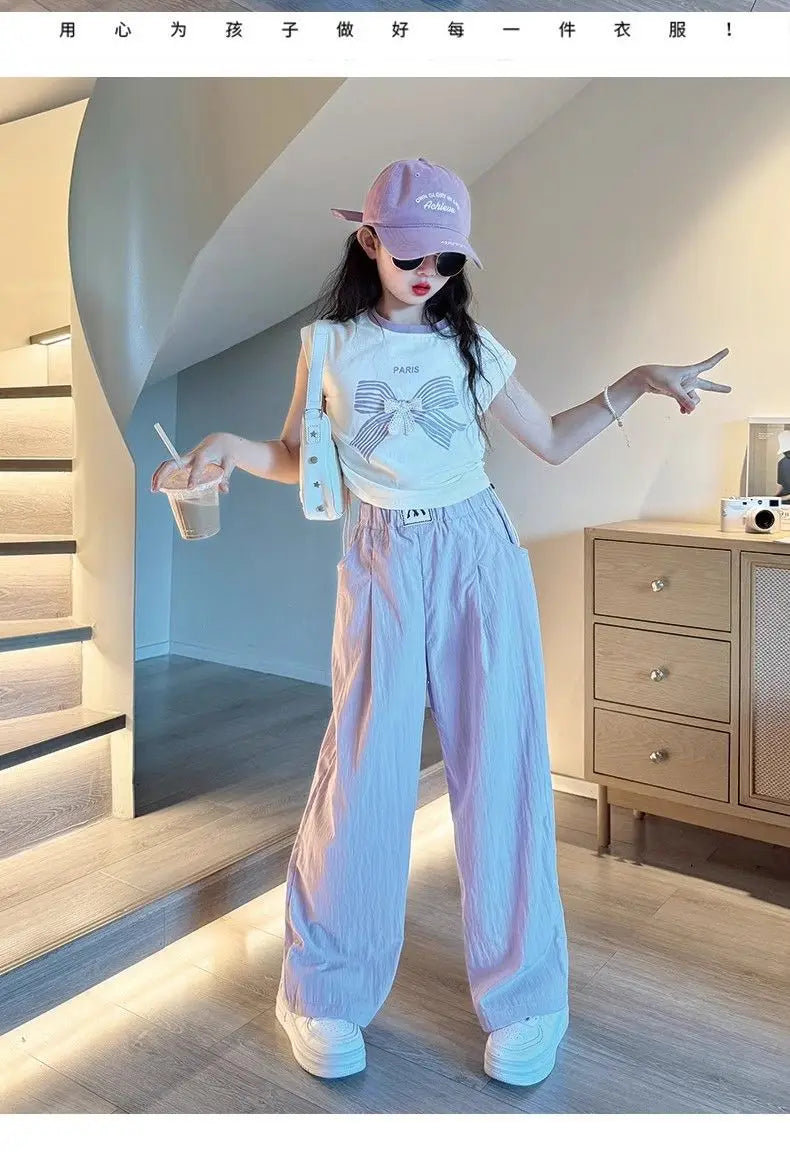 Teen Girls Summer Clothes Color Matching Cartoon T-shirt Trousers Two-piece Suit New Korean Style Sports Suit Children Outfit