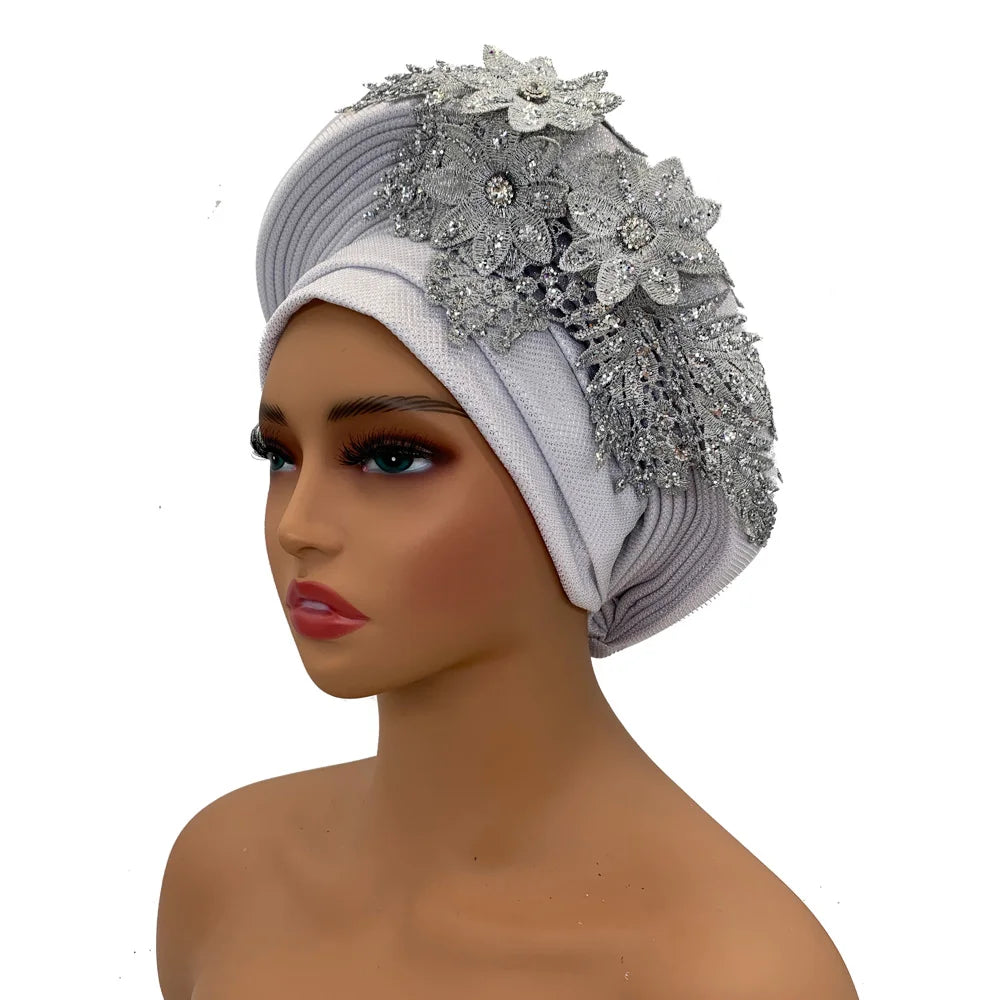 Elegant African Autogele Women's Turban Cap Nigeria Wedding Gele Ready to Wear Headtie with Embroidery Lace Party Headwear