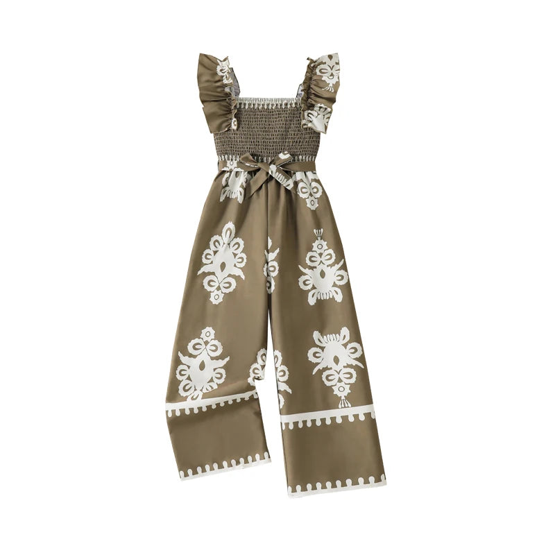 Girls 8-12 Casual Jumpsuit, Brown Floral Print Ruffle Strap Smocked Bodice Jumpsuit with Belt, Boho for Daily Summer Wear
