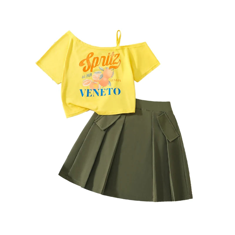 Girls 8-12 2-Piece Set, Yellow Fruit Print Off-Shoulder Top & Green Pleated Skirt, Fresh Cute for Daily Summer Wear