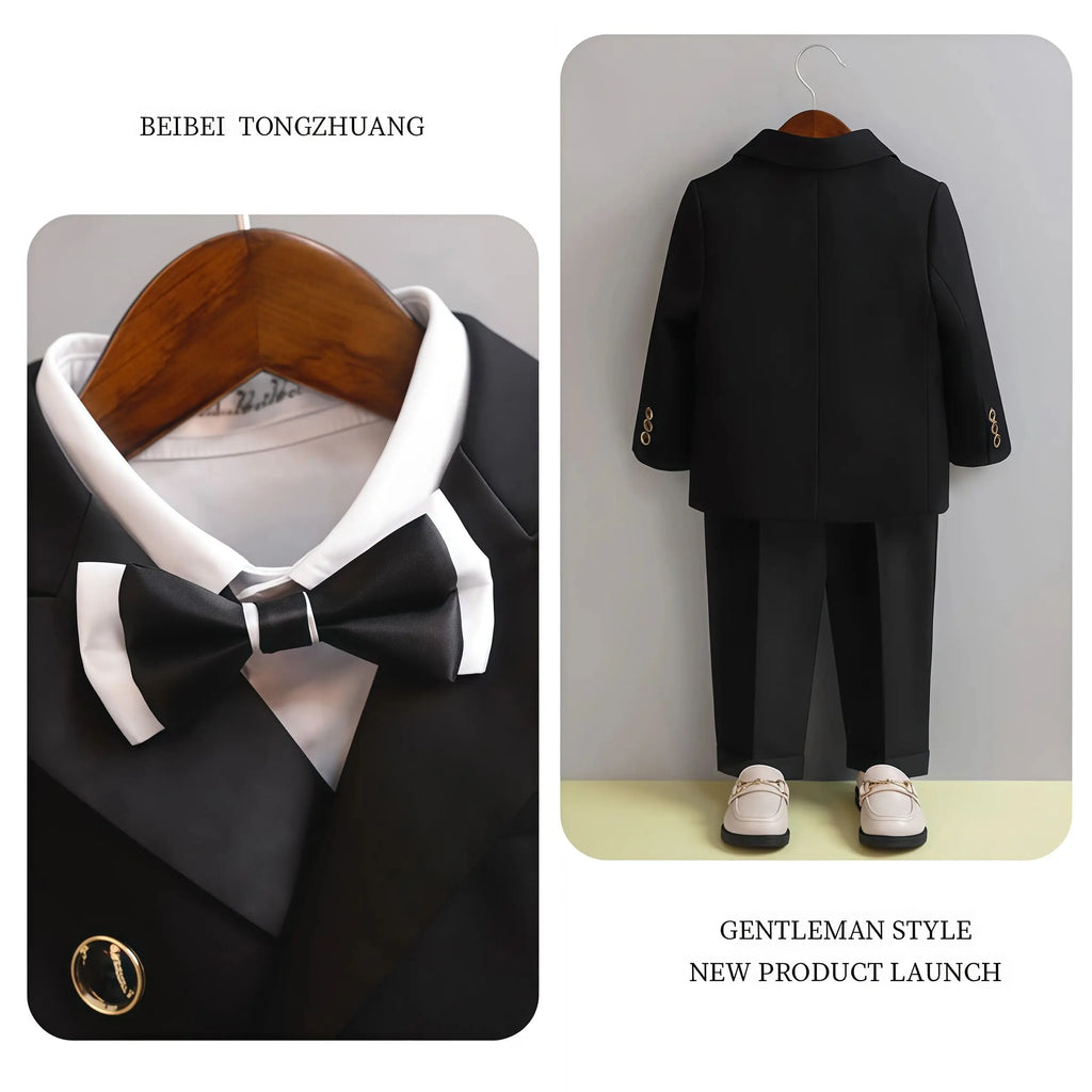 Children Three-Piece White Wedding Suit Kids Jacket Pants Bow Tie For Flower Boys Birthday Tuxedo Party Photograph Formal Outfit