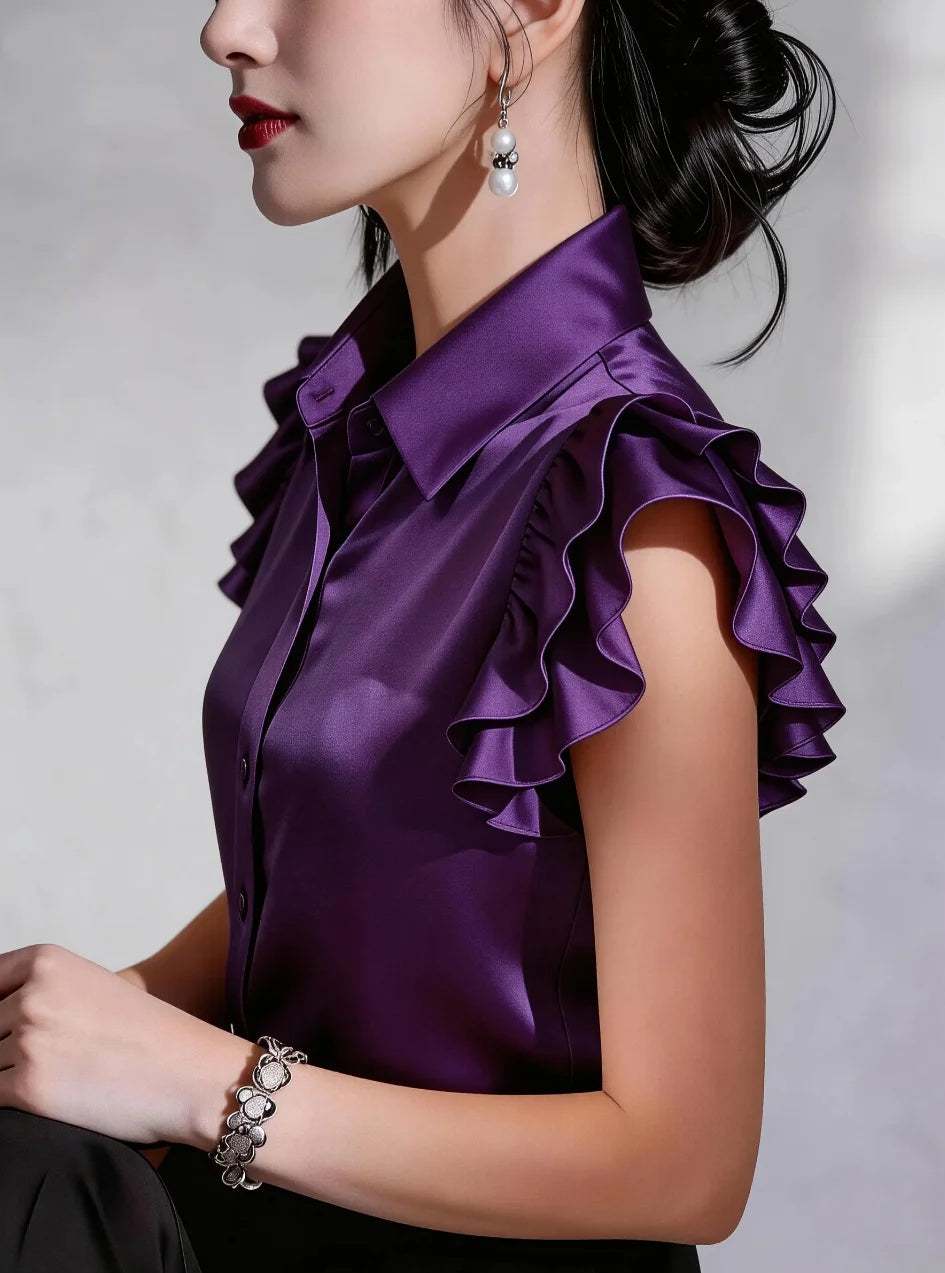Women Elegant Satin Ruffle Sleeve Button Down Blouse Turn Down Collar Office Work Casual Shirt Top
